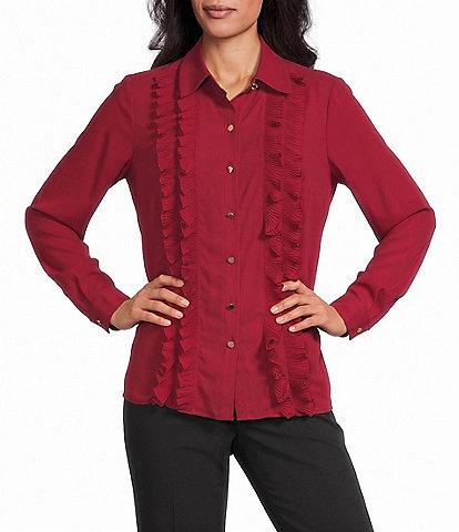 Anne Klein Solid Woven Point Collar Ruffle Button Front Shirt