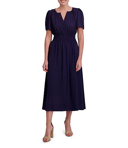 Anne Klein Split V-Neck Short Sleeve Checked Satin Smocked Waist Midi Dress