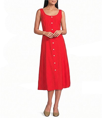 Anne Klein Square Neck Button Front A Line Midi Dres