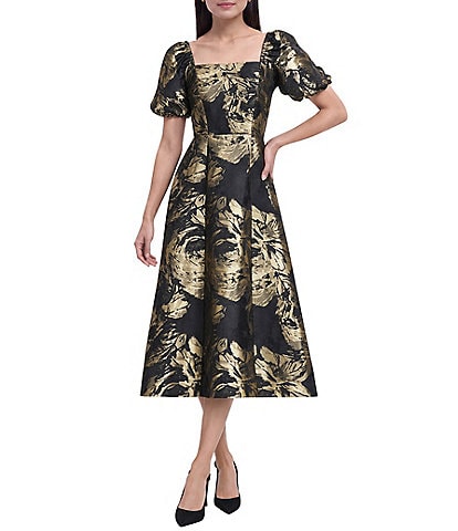 Anne Klein Square Neck Puff Sleeve Midi Dress