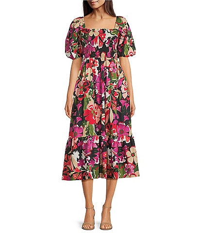 Anne Klein Square Neck Puff Sleeve Smocked Floral Printed Cotton Voile A-Line Midi Dress