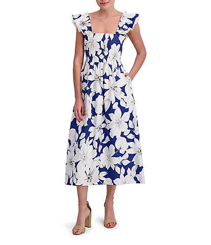 Anne Klein Square Neck Ruffle Shoulder Smocked Floral Printed Poplin Midi Dress