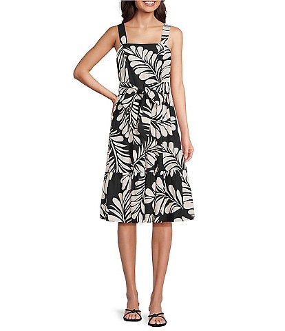 Anne Klein Square Neck Sleeveless Tropical Palm Print Linen Blend Ruffle Hem Shift Dress