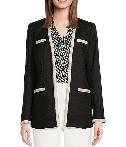 Anne Klein Textured Tweed Four Kissing Woven V-Neck Long Sleeve Contrast Trim Jacket
