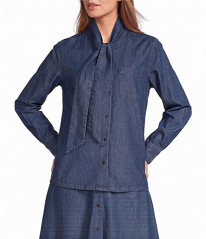 Anne Klein Tie Neck Chambray Button Down Blouse