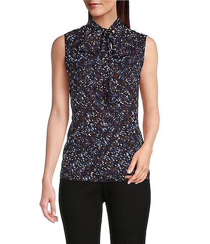 Anne Klein Tie Mock Neck Sleeveless Printed Top