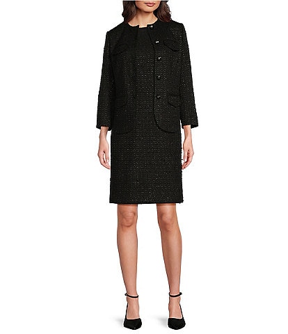 Anne Klein Tweed Flap Pocket 5-Button Long Sleeve Lady Jacket & Tweed Round Neck Sleeveless Princess Seam Sheath Dress