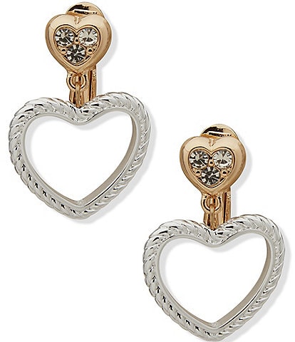 Anne Klein Two Tone Crystal Heart Clip Drop Earrings