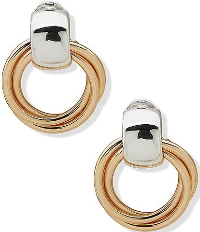 Anne Klein Two Tone Ring Doorknocker EZ Clip Drop Earrings