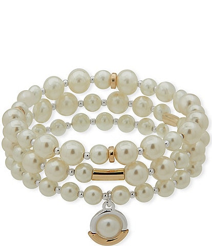 Anne Klein Two Tone White Pearl Beaded Stretch Bracelet Set