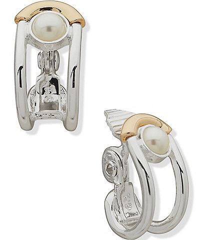 Anne Klein Two Tone White Pearl Clip Hoop Earrings