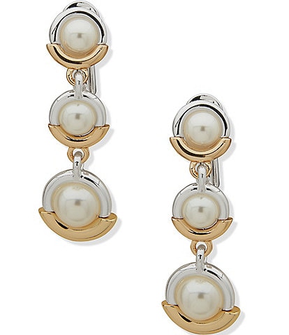 Anne Klein Two Tone White Pearl Link Linear Earrings