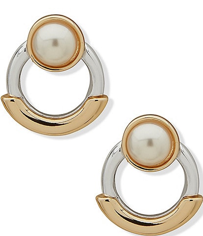 Anne Klein Two Tone White Pearl Open Stud Earrings