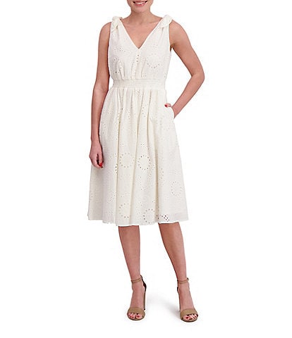 Anne Klein V-Neck Bow Shoulder Smocked Waist Cotton Eyelet Midi Dress