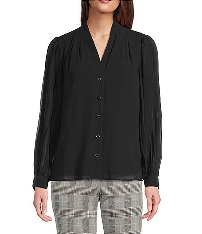 Anne Klein V-Neck Button Front Pleated Long Sleeve Chiffon Blouse