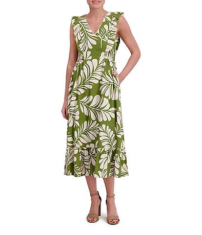Anne Klein V Neck Ruffle Shoulder Printed Linen Aline Midi Dress