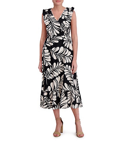 Anne Klein V Neck Ruffle Shoulder Printed Linen Aline Midi Dress