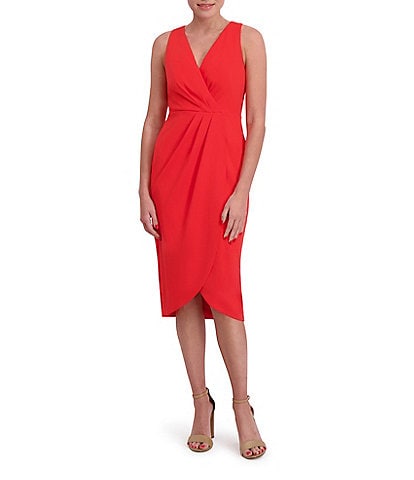 Anne Klein V-Neck Sleeveless Crepe Faux Wrap Midi Dress