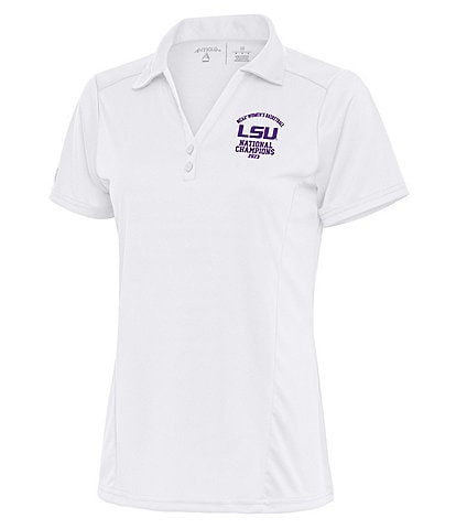 Antigua Women's LSU Tigers NCAA Women's Basketball 2023 National Champions Tribute Short Sleeve Polo Shirt
