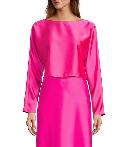 The Pink Satin V Neck Lace Trim Puff Sleeve Blouse - Pink Satin