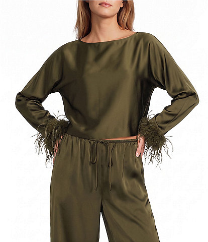 Antonio Melani Blyss Drapey Satin Boat Neck Long Sleeve Feather Cuff Blouse