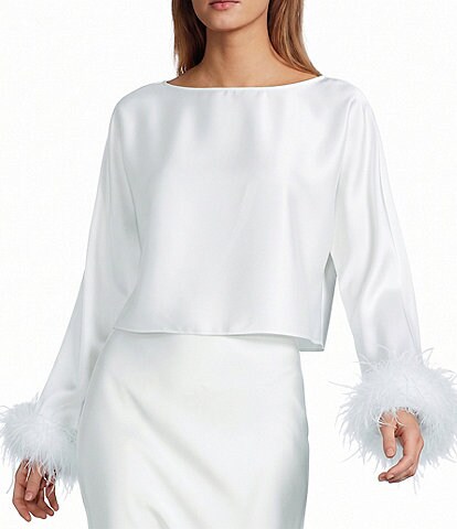 Antonio Melani Blyss Drapey Satin Boat Neck Long Sleeve Feather Cuff Blouse