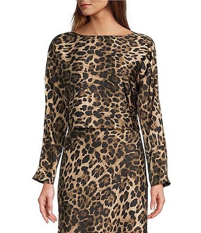 Antonio Melani Blyss Leopard Print Satin Boat Neck Long Sleeve Coordinating Blouse
