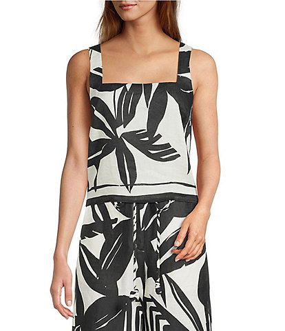 Antonio Melani Brandy Palm Printed Linen Square Neck Sleeveless Coordinating Blouse