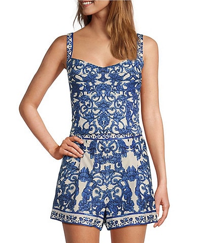 Antonio Melani Britani Blue Tile Print Sweetheart Neck Sleeveless Coordinating Blouse