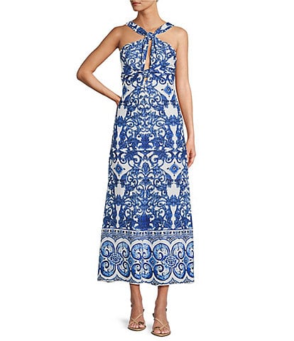 Antonio Melani Bronwyn Blue Tile Print Linen Blend Halter Neck A-Line Dress