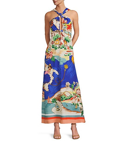Antonio Melani Bronwyn Linen Blend Ocean Print Halter A-Line Dress