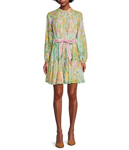 Antonio Melani Brynn Multi Floral Print Mock Neck Long Sleeve Self-Tie Belted Tiered Hem Button Front Dress