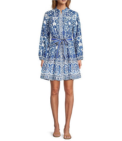 Antonio Melani Brynn Navy Scarf Print Long Sleeve Tie Waist Dress