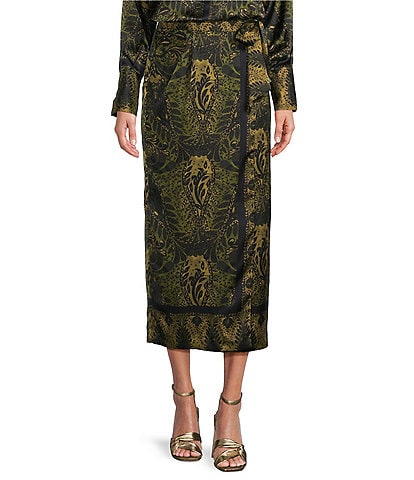 Antonio Melani Clio Motif Printed Satin High Rise Wrap Sheath Midi Coordinating Skirt