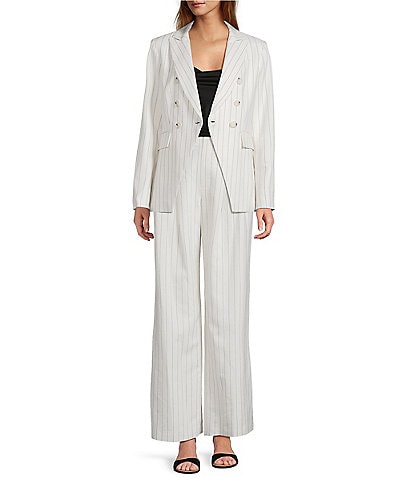 Antonio Melani Coordinating Aurora Linen Stripe Notch Lapel Set-In Sleeve Jacket & Melinda Linen Blend Pleated Straight Pants