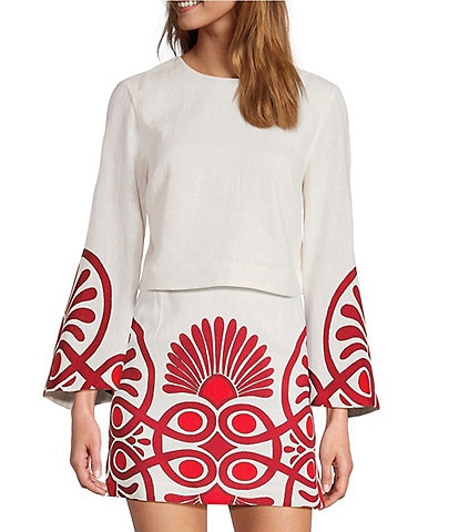 Antonio Melani Coordinating Edina Printed Linen Blend Round Neck Long Sleeve Blouse