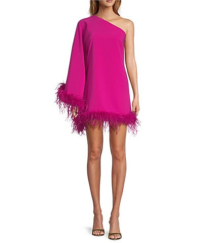 Antonio Melani Cosima Feather Trim Asymmetrical One Sleeve Shift Mini Dress