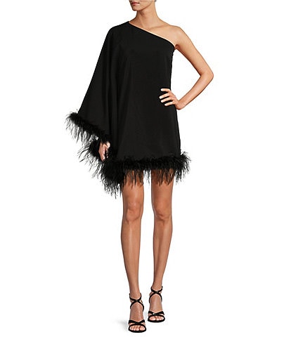 Antonio Melani Cosima Feather Trim Asymmetrical One Sleeve Shift Mini Dress