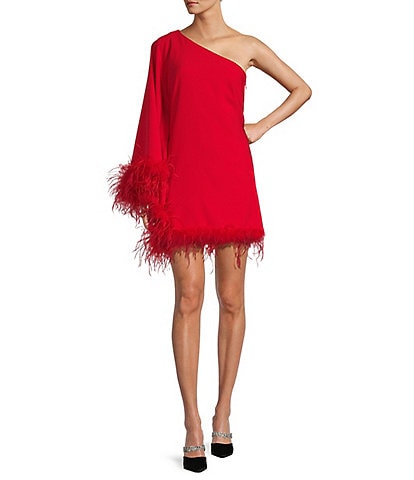Antonio Melani Cosima One Sleeve Asymmetrical Neckline Feather Trim Dress