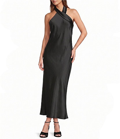Antonio Melani Darah Black Satin Halter Neck Sleeveless Midi Dress