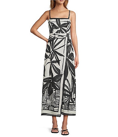 Antonio Melani Destiny Palm Printed Linen Square Neck Sleeveless Dress