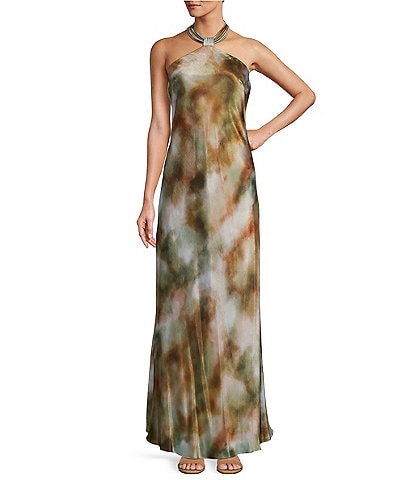 Antonio Melani Dreama Printed Satin Ruched Halter Neck Sleeveless Sheath Slip Maxi Dress