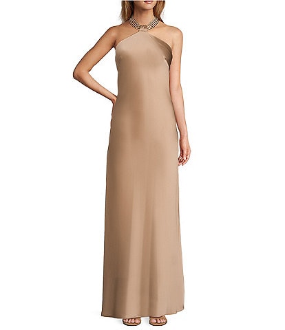 Antonio Melani Dreama Satin Ruched Halter Neck Sleeveless Sheath Slip Maxi Dress