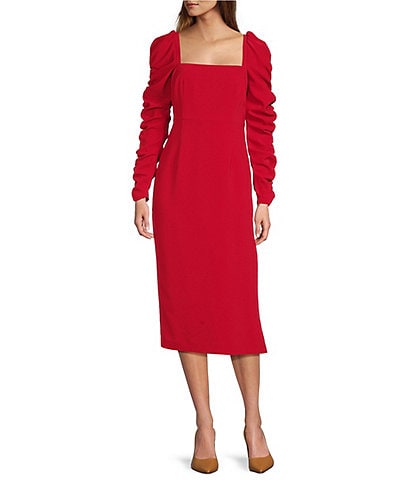 Antonio Melani Elena Crepe Square Neck Long Ruched Sleeve Midi Dress