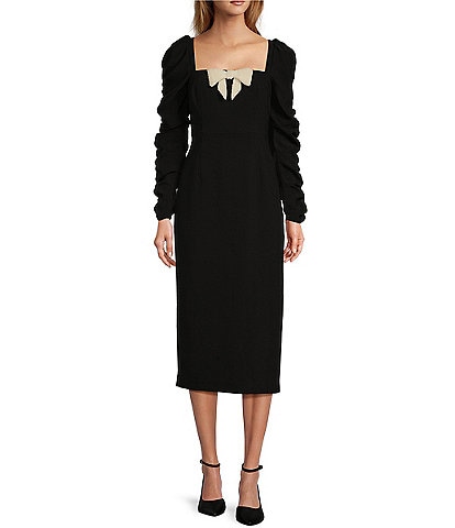 Antonio Melani Elena Crepe Square Neck Long Ruched Sleeve Pearl Bow Midi Dress