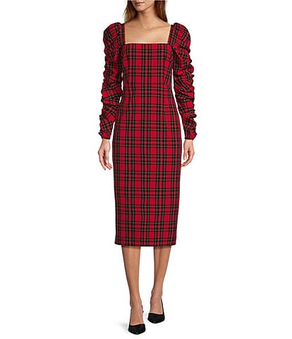 Antonio Melani Elena Plaid Square Neck Long Ruched Sleeve Dress