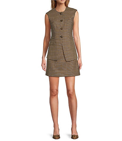 Antonio Melani Elodie Woven Menswear Plaid Crew Neck Button Front Long Line Vest & Plaid High Rise Mini A-Line Skirt