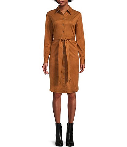Antonio Melani Faux Suede Button Down Collar Long Sleeve Belted Carina Shirt Dress