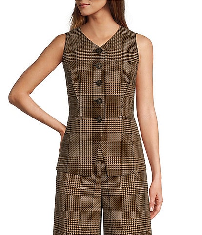 Antonio Melani Ivy Houndstooth V-Neck Sleeveless Button Front Long Line Coordinating Vest