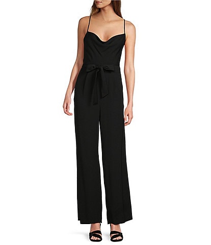 Antonio Melani Drape Neck Sleeveless Tie Waist Wide Leg Jane Jumpsuit with Pockets